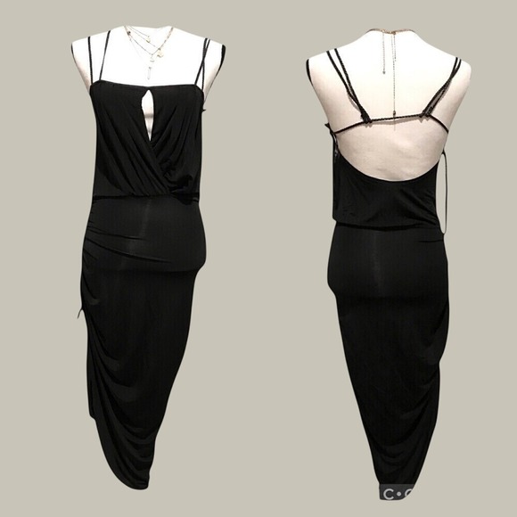 bebe Dresses & Skirts - Bebe Black Siren Draped Ruched Side Spaghetti Strap Midi Dress Size S